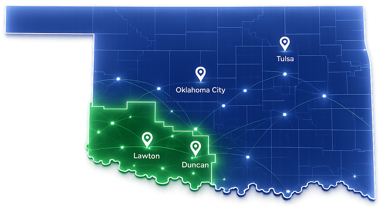 Map of Oklahoma highlighting Wolferdawg IT Consulting's Southwest Oklahoma service area, with Lawton and Duncan marked